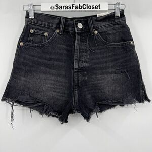 NWT Zara High Rise Distressed Raw Hem Denim Jean Split Shorts Black